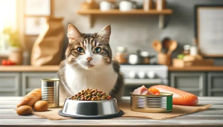 A happy and healthy cat eating from a bowl of nutritious food in a modern kitchen with natural light streaming in. Nearby are various healthy cat food items such as a bag of dry food, cans of wet food, and fresh ingredients like cooked chicken and fish, emphasizing the importance of good nutrition for pets.