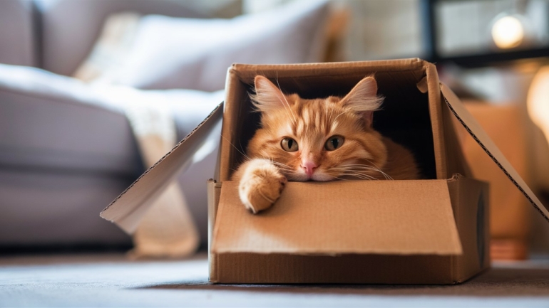 A curious cat sitting inside a cardboard box in a cozy indoor setting with soft lighting, looking content and playful